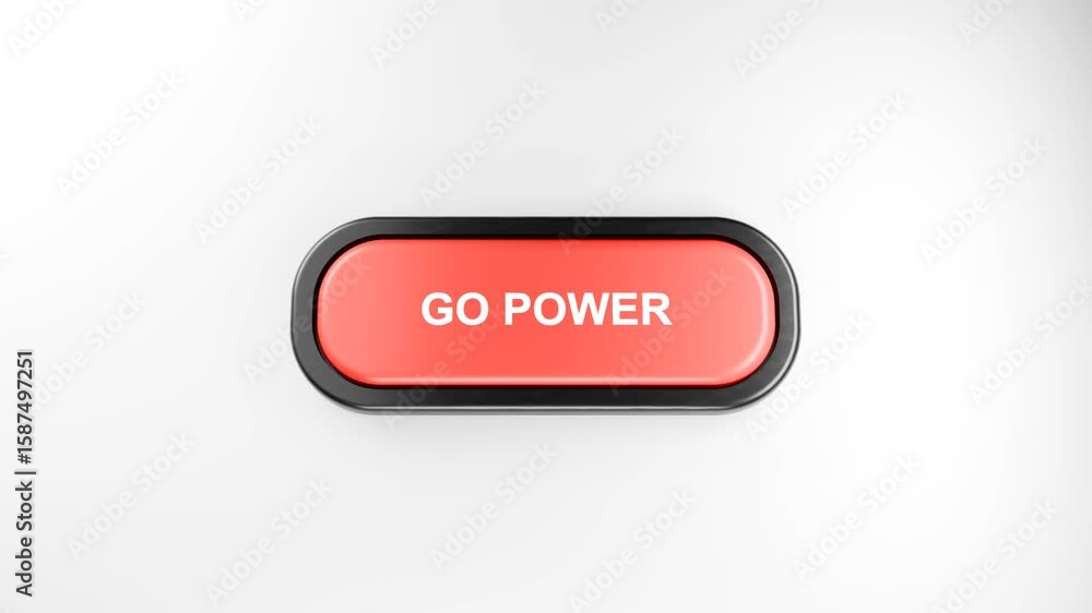 Poster 3d rendered fist smashes giant red go power button with force – hand pressing red button