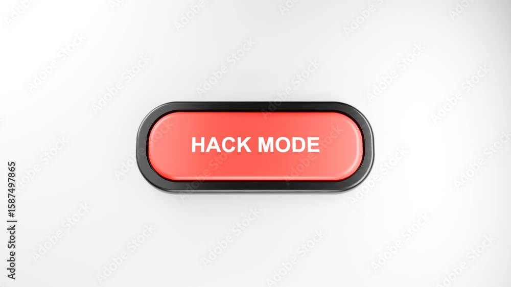 Poster 3d rendered fist smashes giant red hack mode button with force – hand pressing red button