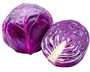 Fototapeta premium Two vibrant purple cabbages, one whole, one halved