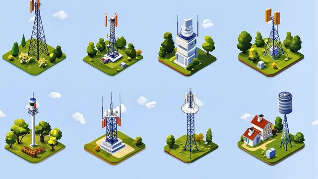 Isometric illustrations of communication towers and supporting structures