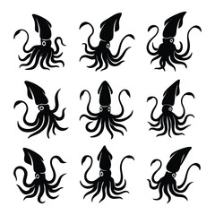 Black Squid Silhouettes Icon Set Marine Animals Vector