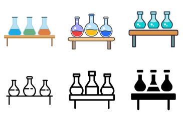 Three laboratory flasks placed on a table or counter for science experiment or research concept