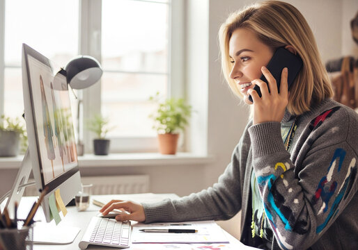 young female fashion designer remote working talking on phone