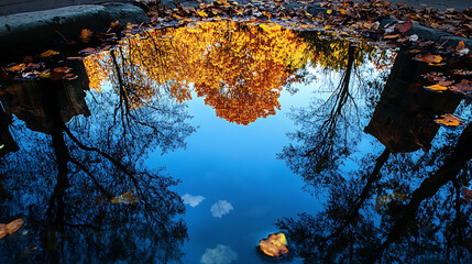 Autumnal trees reflected in a puddle