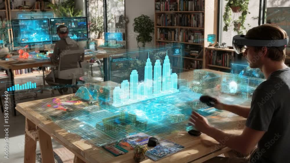 Poster interactive cityscape: two individuals are immersed in an interactive augmented reality environment,