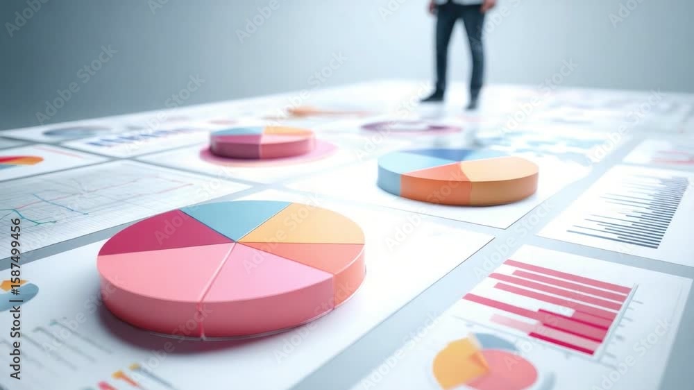 Poster pie charts and insights: a strategic view showcasing colorful pie charts and analytical documents, i