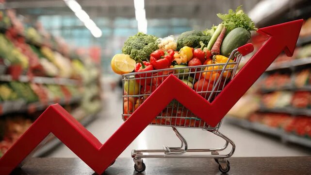 Full shopping cart of fresh produce next to a red upward trending arrow, 4k video