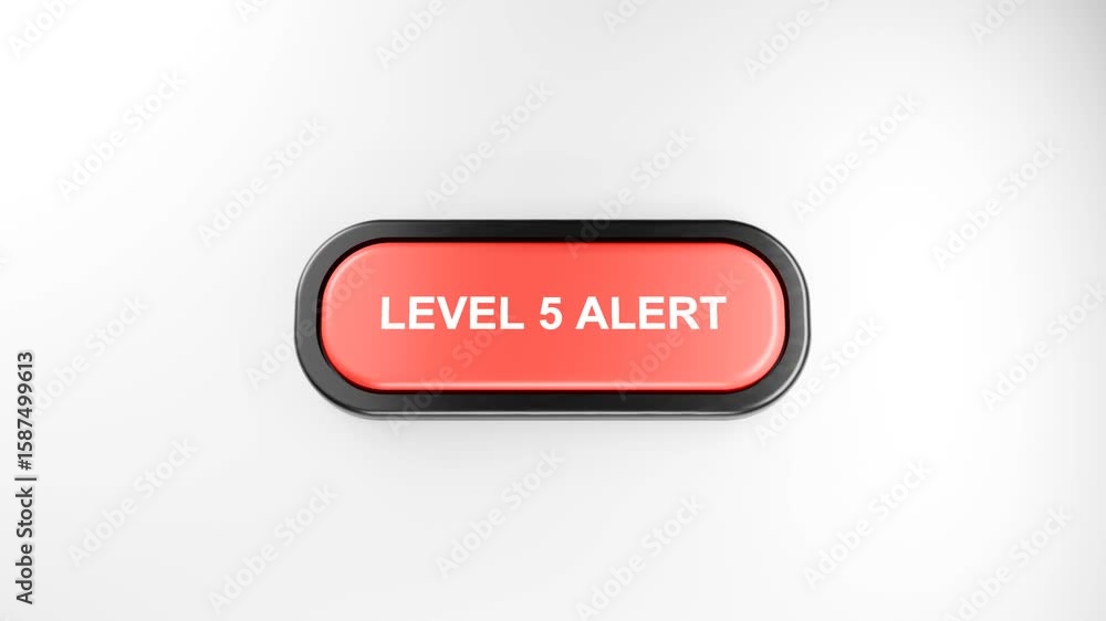 Poster 3d rendered fist smashes giant red level 5 alert button with force – hand pressing red button