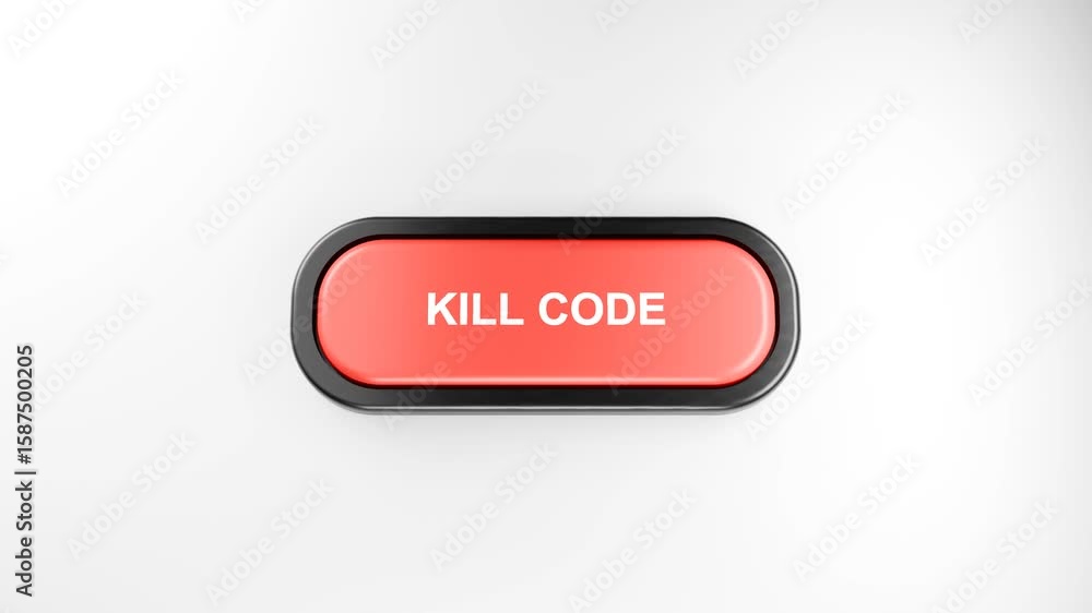 Poster 3d rendered fist smashes giant red kill code button with force – hand pressing red button