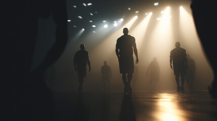Group of silhouetted basketball players walking on illuminated court  