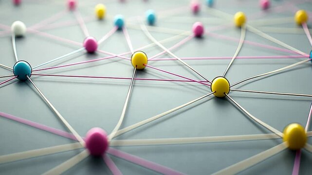 Colorful spheres connected by lines on a gray background