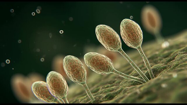 Close-up of spore-producing structures (sporangia) of mold fungi under the microscope, with floating spores in ambient fluid