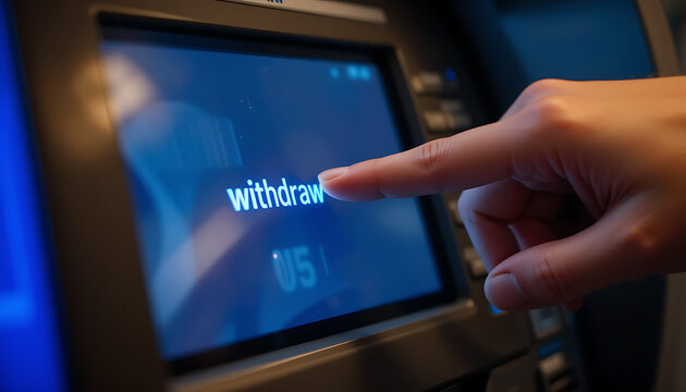 A person's finger pressing the "withdraw" button on an ATM touchscreen interface.