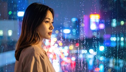 Obraz premium Woman gazing at city lights at night (1)