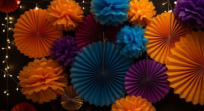 Dynamic arrangement of cheerful paper party decor, perfect for celebrating joyous occasions and events.