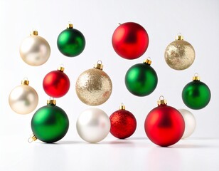 Festive Christmas ornaments and baubles floating on a white background. Holiday season greeting card concept
