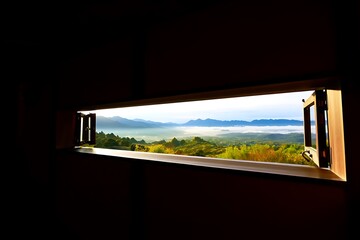Fototapeta premium Panoramic vista of lush green jungle canopy viewed through an open modern architectural window with natural light illuminating the scene and showcasing distant misty mountains and a tranquil sky