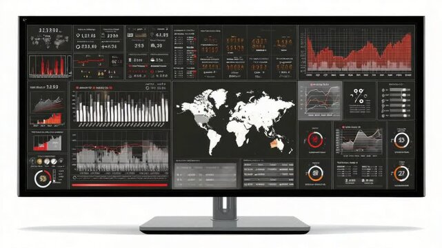 Data Analysis Display: A modern computer monitor displays an array of data analytics, showcasing charts, graphs, and a world map, illuminating global trends and insightful analytics.