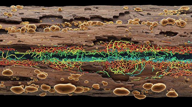 3D rendering of mushroom gill surface showing basidia releasing basidiospores in a humid environment