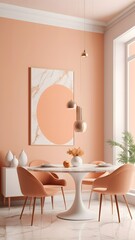 Fototapeta premium Modern Peach Dining Room, Minimalist Decor, Stylish Lighting