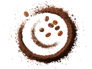Swirling spiral of coffee grounds and beans in motion isolated on transparent background