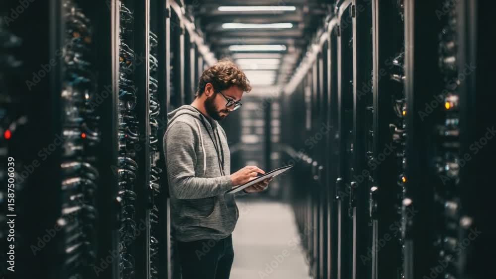 Aufkleber tech professional in server room: a focused professional meticulously examines data in a vast server