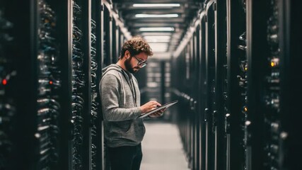 Tech Professional in Server Room: A focused professional meticulously examines data in a vast server room, symbolizing technological innovation and the intricate network infrastructure.  - Powered by Adobe