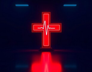 Red Neon Cross with Heartbeat Line red cross electrocardiogram