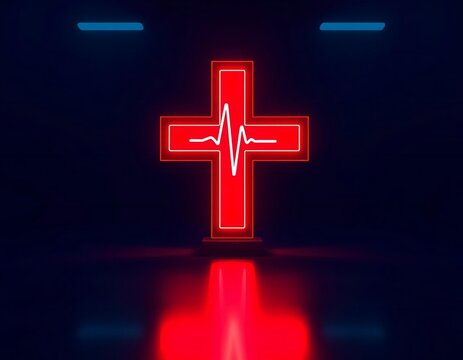 Red Neon Cross with Heartbeat Line red cross electrocardiogram - Powered by Adobe