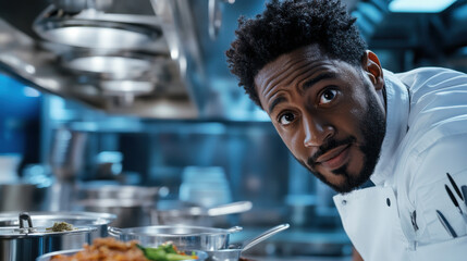 Close-up of a man with a round face, dark skin, and expressive eyes, wearing a chef's coat, cooking in a kitchen.