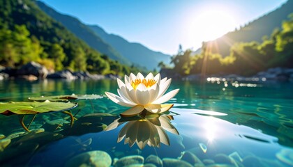 Captures the spiritual beauty and grace of the lotus flower growing in water 