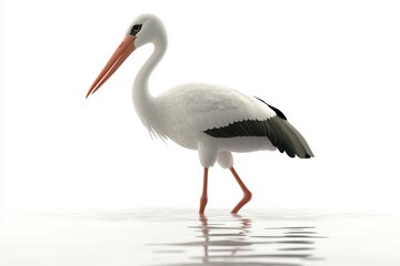 Stork wading in water 3d render cartoon character on white background