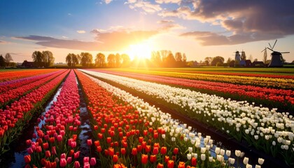 Depicts the vibrant tulip fields with their diverse hues