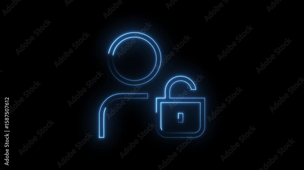 Poster neon user silhouette with open lock animation security access concept video