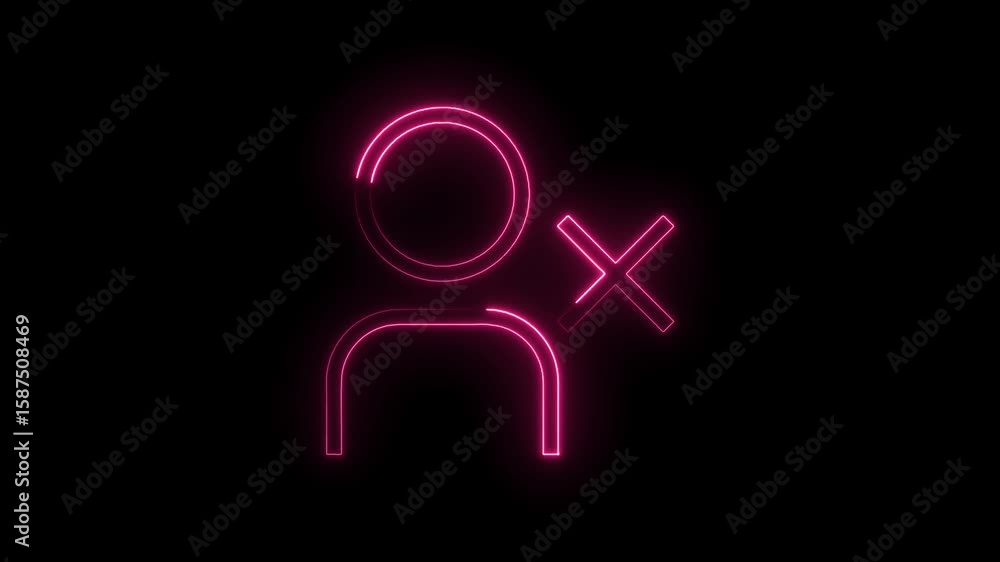 Poster glowing pink neon user icon with delete symbol animation on black background