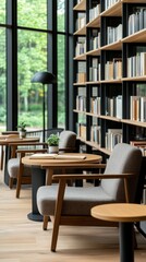 Cozy reading spaces in a modern library with expansive bookshelves and natural light