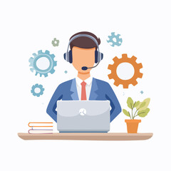 Flat vector icon of a network admin wearing a headset and sitting at a computer with a gear symbol, corporate color scheme, clean minimal style