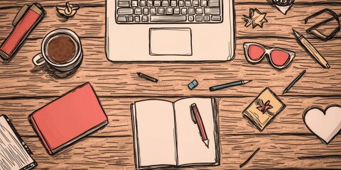 Studying at a wooden desk surrounded by books in a cozy environment with laptop and coffee