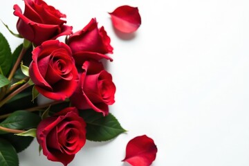 Several velvety red roses, stark white setting, floral design, macro, isolated