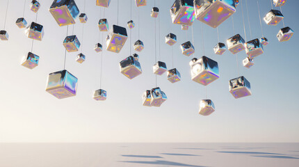 Generative AI Hanging Holographic Cubes Abstract Background Cube 3d render Geometric Shape String Iridescent Metallic Chrome Gradient Blue White Modern Futuristic - Unique Design