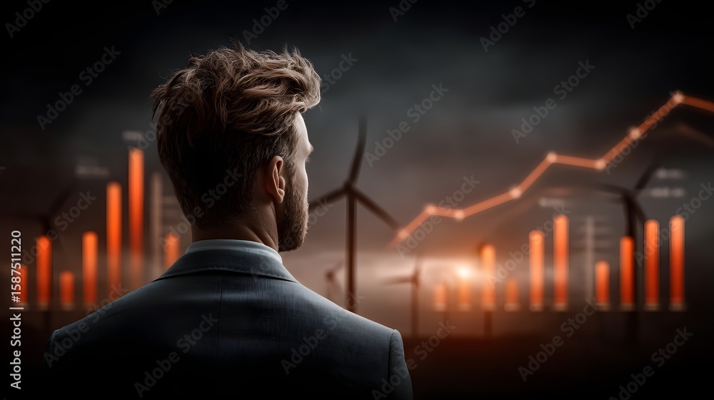 Poster a businessman standing in front of a data visualization displaying charts and graphs with wind turbi