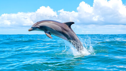 Obraz premium Two wild bottlenose dolphins jump together from the blue ocean water