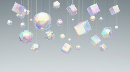 Generative AI Iridescent Geometric Shapes Hanging Decoration 3d render Geometric shapes Holographic Sphere Cube Icosahedron Dodecahedron Strings Pastel Modern Abstract - Unique Design