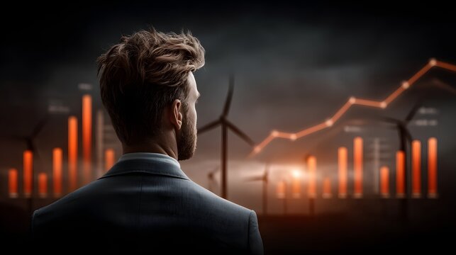 A businessman standing in front of a data visualization displaying charts and graphs with wind turbines in the background indicating analysis of financial and energy market trends