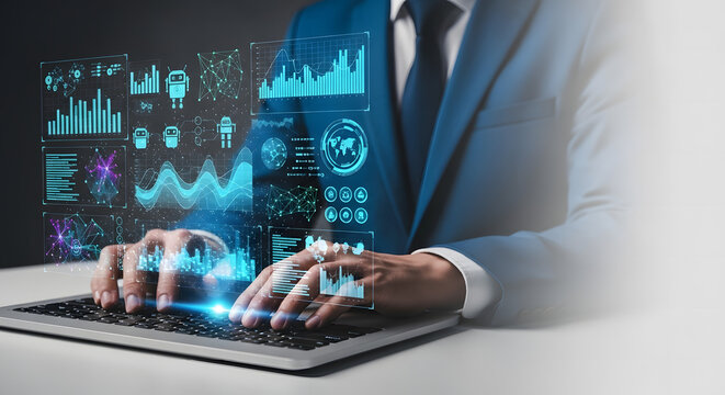 A businessman analyzing data and charts on a laptop, wearing a blue suit