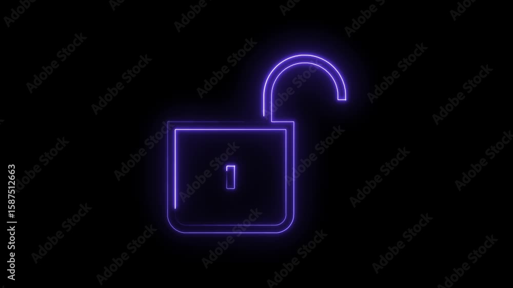 Poster glowing unlock icon animation on black background for security and access theme