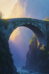 Generative AI Mystical Stone Bridge over River Gorge Stone bridge Arch bridge River gorge Canyon Water Landscape Nature Mist Fog Sunlight Morning Cliff Rocks Old Ancient - Modern Look
