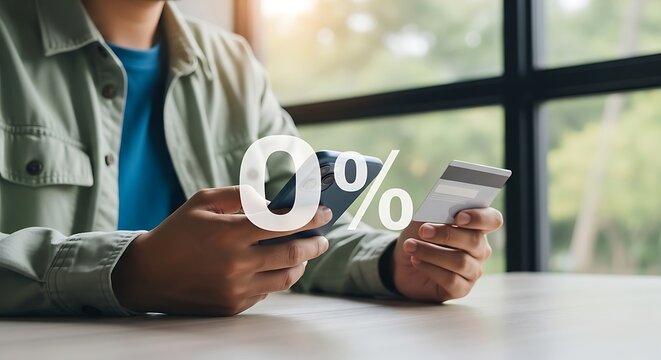 Person using smartphone and credit card with a large transparent zero percent symbol overlay for financing or interest free offers