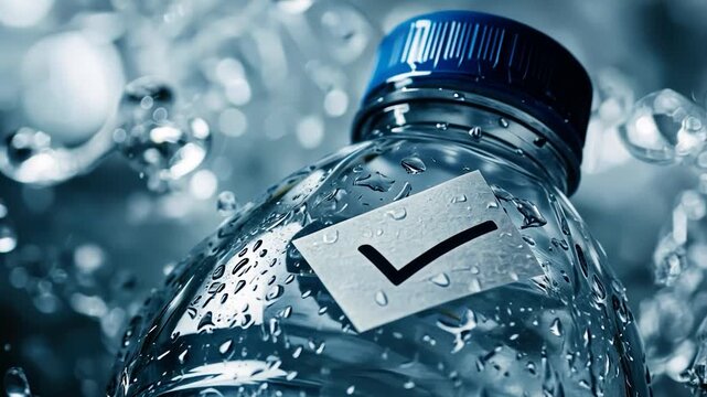 Close-up of a water bottle with condensation and a checkmark label