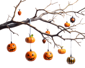Spooky halloween jack o lanterns and decorations hanging on bare branches isolated on transparent background